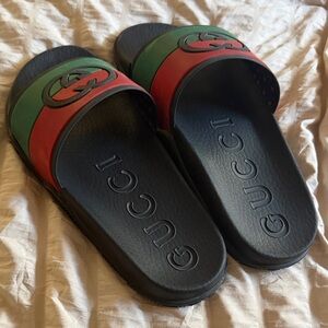 Gucci Black Slides with Red and Green Accents